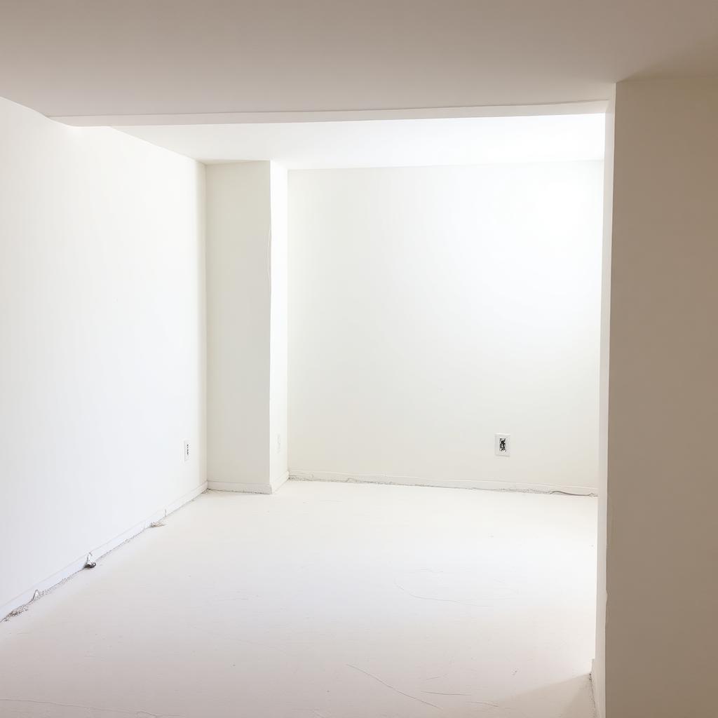 Sous-sol fraîchement plâtré, murs et plafond prêts à peindre